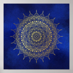 Poster Elégant or sur le bleu profond Floral Henna Mandal