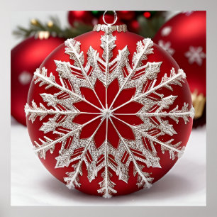 Poster Élégant ornement de Noël rouge avec flocon de neig