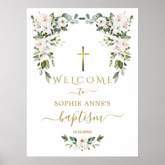 Poster Élégant panneau de bienvenue Baptême WhiteLily Ros