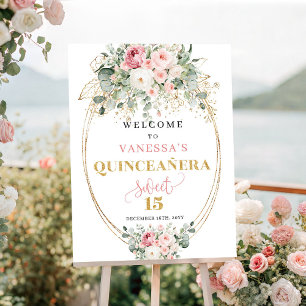 Poster Élégant panneau de bienvenue Quinceañera rose et o