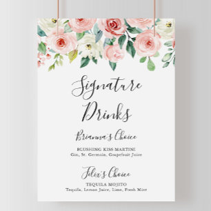 Poster Élégant Panneau de Boissons de Signature Florale d