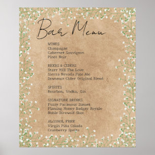 Poster Élégant panneau de menu de bar de mariage floral à