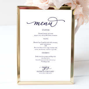 Poster Élégant panneau de menu de mariage à l'encre bleue