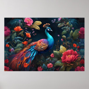 Poster Elégant paon bleu dans Jardin coloré