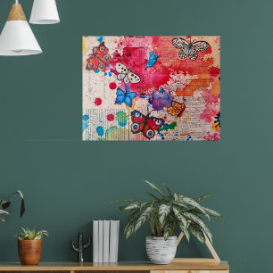 Poster Elégant Papillon Peinture Aquarelle Livre Vintage