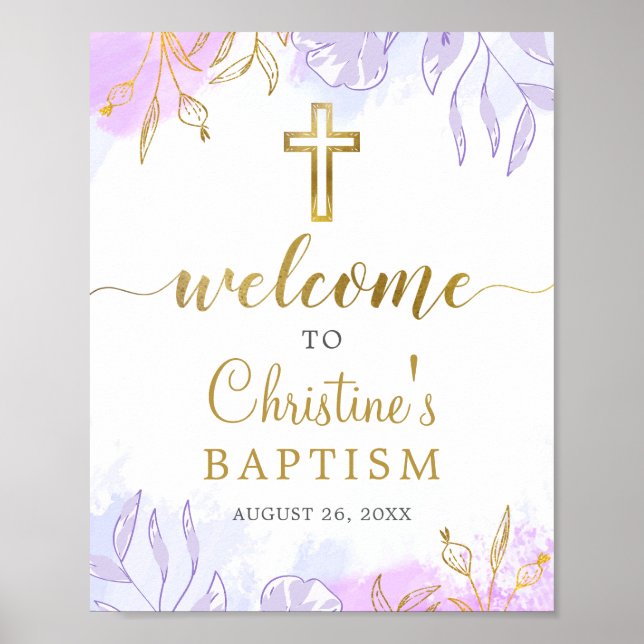 Poster Elégant Pastel Purple Gold Floral Baptism Bienvenu (Devant)