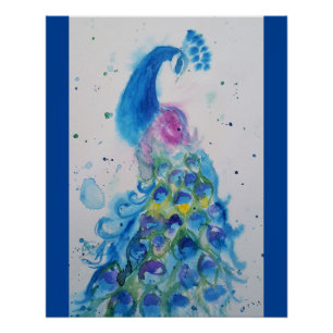 Poster Elégant Peacock bleu aquarelle peinture