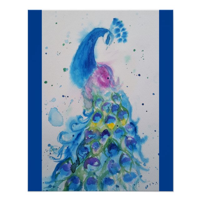 Poster Elégant Peacock bleu aquarelle peinture (Devant)