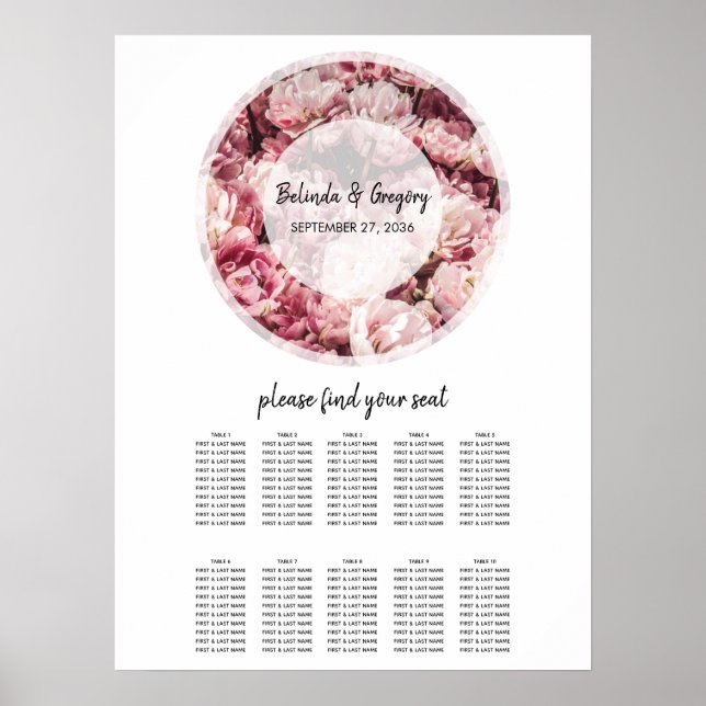 Poster Élégant Peonies roses Mariage Seonies Chart (Devant)