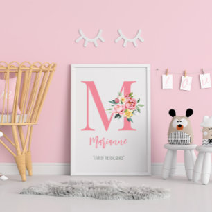 Poster Élégant Personnalisable Rose Floral Monogramme Ini