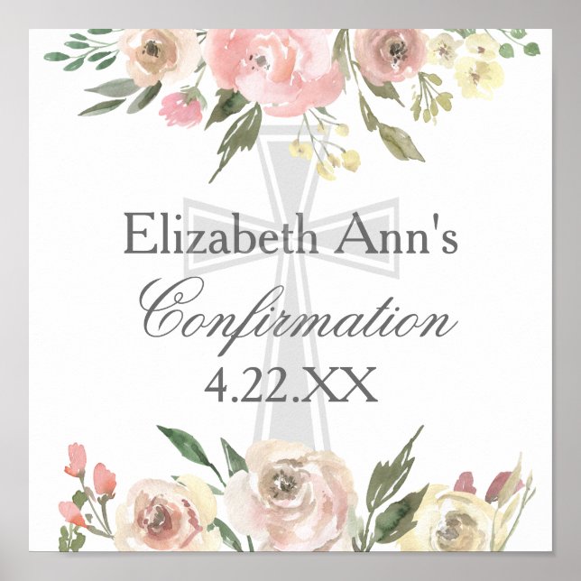 Poster Élégant Pink Floral Confirmation Party Personnalis (Devant)