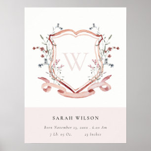 Poster Elegant Pink Wildflower Crest Monogram Birth Stat