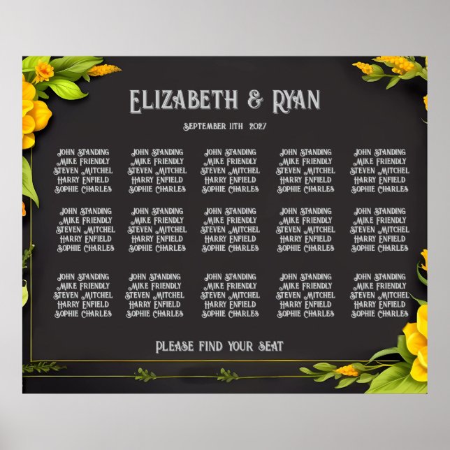 Poster Elégant plan de table Mariage Floral Jaune (Devant)