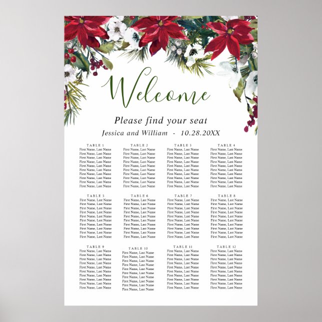 Poster Élégant Poinsettia 12 Tables Mariage CHART DE SIÈG (Devant)
