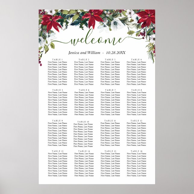 Poster Élégant Poinsettia 16 Tables Mariage CHART DE SIÈG (Devant)