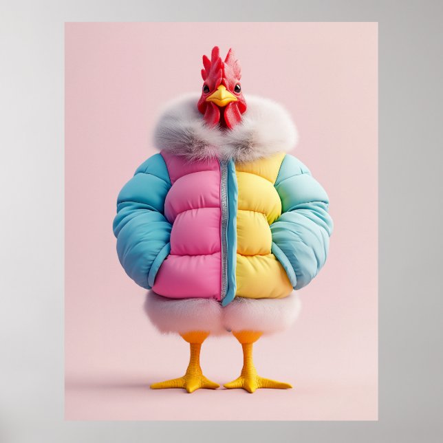 Poster Élégant poulet en veste à poitrine d'hiver colorée (Devant)
