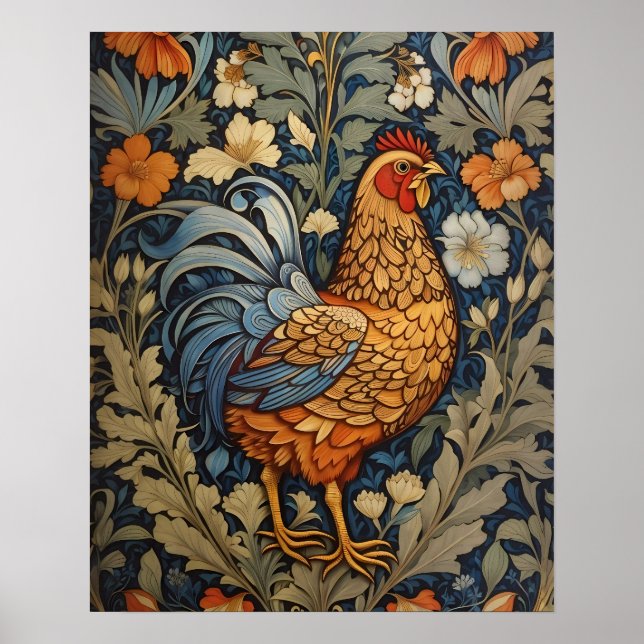 Poster Élégant poulet William Morris Inspiré Floral (Devant)