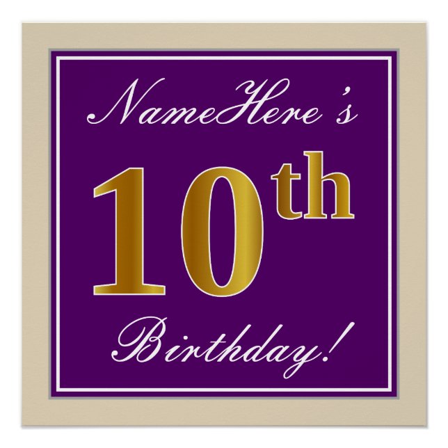 Poster Elégant, pourpre, Faux Gold 10e anniversaire + Nom (Devant)