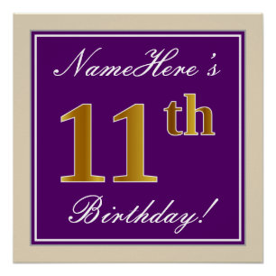 Poster Elégant, pourpre, Faux Gold 11e anniversaire + Nom