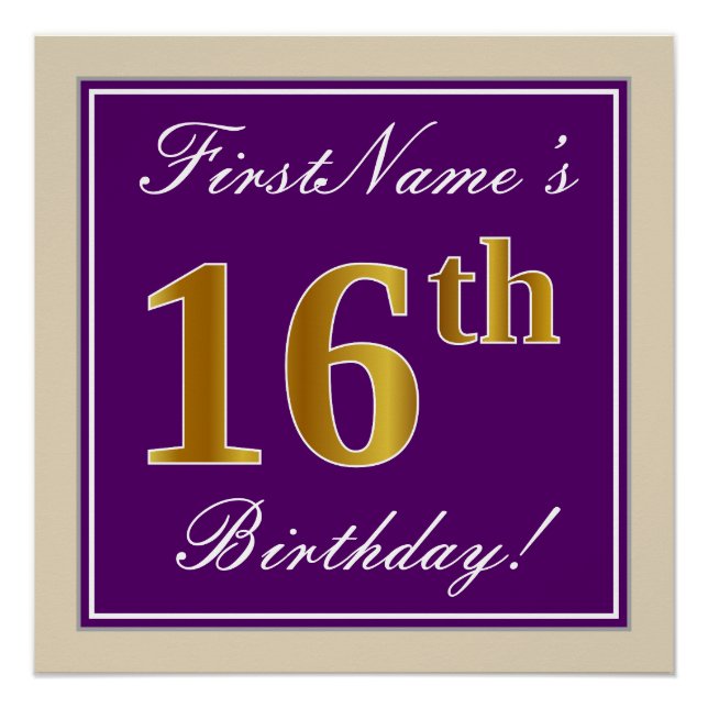 Poster Elégant, pourpre, Faux Gold 16ème anniversaire + N (Devant)