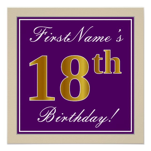 Poster Elégant, pourpre, Faux Gold 18ème anniversaire + N (Devant)