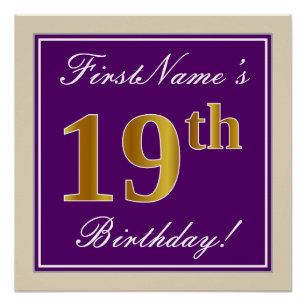 Poster Elégant, pourpre, Faux Gold 19e anniversaire + Nom