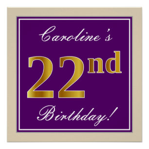 Poster Elégant, pourpre, Faux Gold 22e anniversaire + Nom