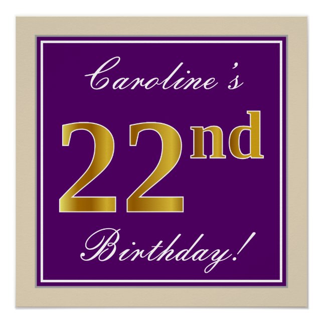 Poster Elégant, pourpre, Faux Gold 22e anniversaire + Nom (Devant)