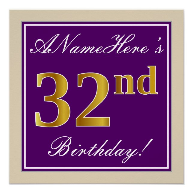 Poster Elégant, pourpre, Faux Gold 32e anniversaire + Nom (Devant)