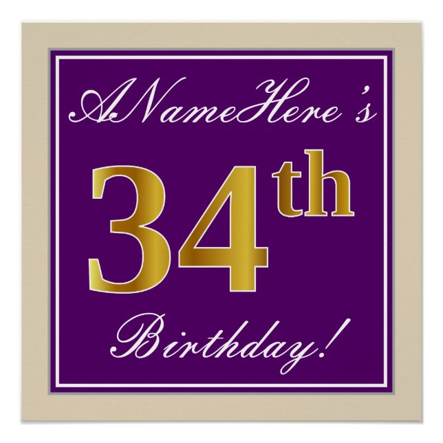 Poster Elégant, pourpre, Faux Gold 34e anniversaire + Nom (Devant)