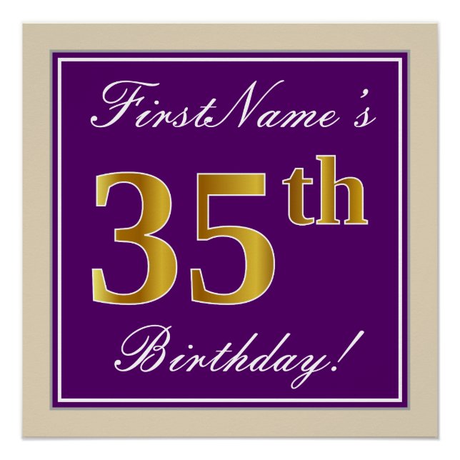 Poster Elégant, pourpre, Faux Gold 35e anniversaire + Nom (Devant)