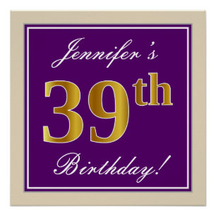 Poster Elégant, pourpre, Faux Gold 39e anniversaire + Nom