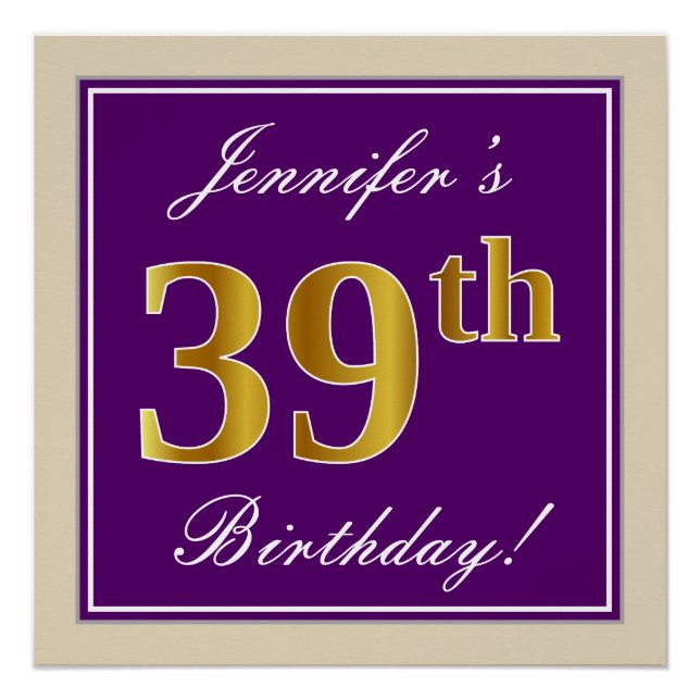 Poster Elégant, pourpre, Faux Gold 39e anniversaire + Nom (Devant)