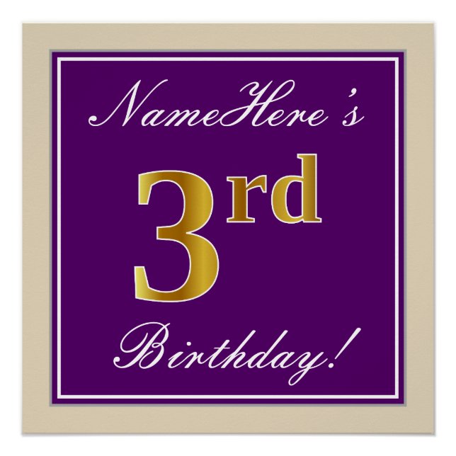 Poster Elégant, pourpre, Faux Gold 3e anniversaire + nom (Devant)