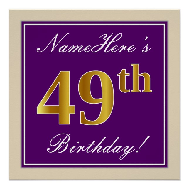 Poster Elégant, pourpre, Faux Gold 49e anniversaire + Nom (Devant)