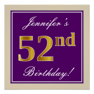 Poster Elégant, pourpre, Faux Gold 52e anniversaire + Nom