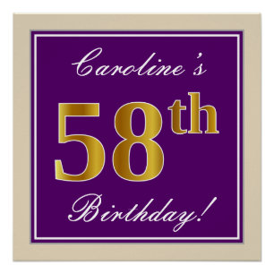 Poster Elégant, pourpre, Faux Gold 58e anniversaire + Nom