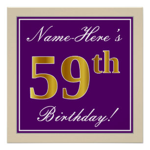 Poster Elégant, pourpre, Faux Gold 59e anniversaire + Nom