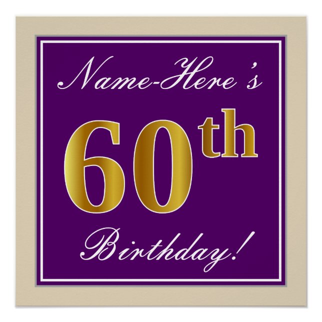 Poster Elégant, pourpre, Faux Gold 60e anniversaire + Nom (Devant)