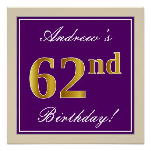 Poster Elégant, pourpre, Faux Gold 62e anniversaire + Nom