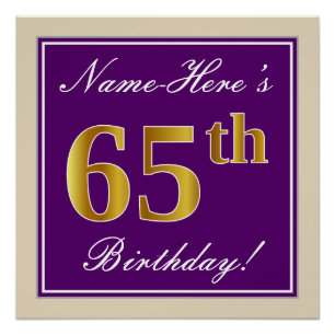 Poster Elégant, pourpre, Faux Gold 65e anniversaire + Nom