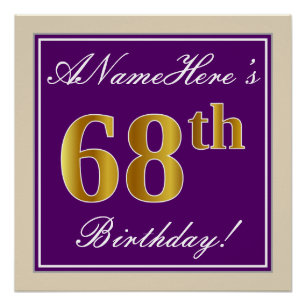 Poster Elégant, pourpre, Faux Gold 68e anniversaire + Nom