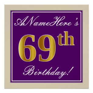 Poster Elégant, pourpre, Faux Gold 69e anniversaire + Nom