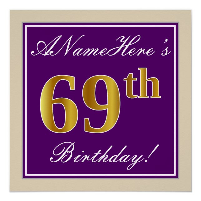 Poster Elégant, pourpre, Faux Gold 69e anniversaire + Nom (Devant)
