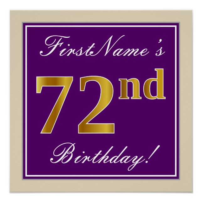 Poster Elégant, pourpre, Faux Gold 72e anniversaire + Nom (Devant)