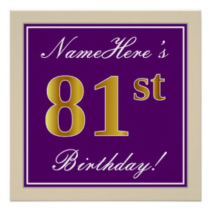 Poster Elégant, pourpre, Faux Gold 81e anniversaire + Nom