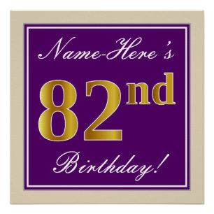 Poster Elégant, pourpre, Faux Gold 82e anniversaire + Nom