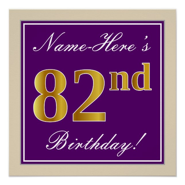Poster Elégant, pourpre, Faux Gold 82e anniversaire + Nom (Devant)