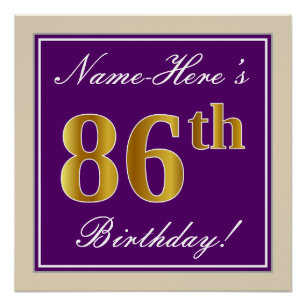 Poster Elégant, pourpre, Faux Gold 86ème anniversaire + N