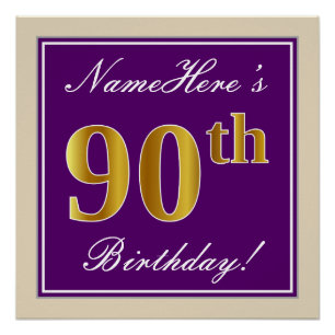 Poster Elégant, pourpre, Faux Gold 90e anniversaire + Nom